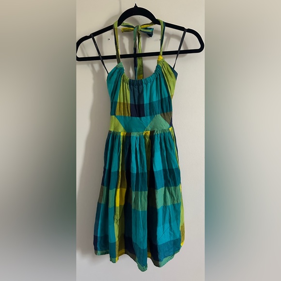 O’Neill Green Blue Plaid Y2K Halter Mini Dress Size M - Picture 2 of 9